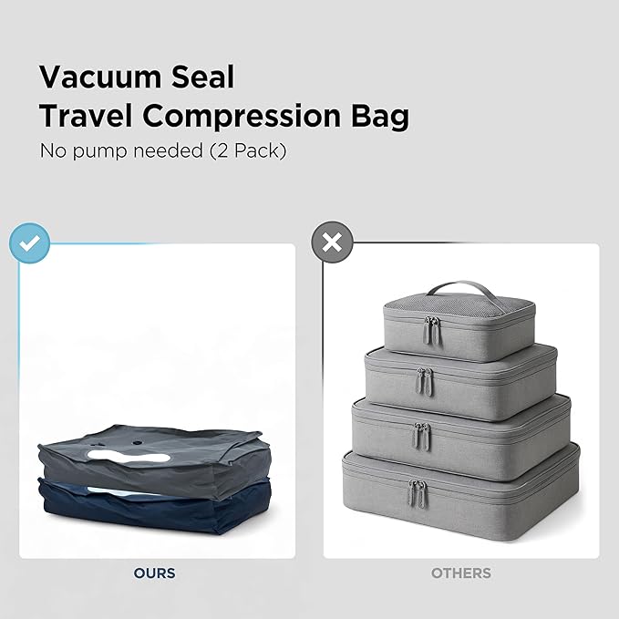 Vacuum Seal Bags for Clothing Travel - TSA Compliant Airless PacPro 48L, Carry-On Compression Packing Cubes for Luggage and Backpacks, Pump-free Air Valve (Large, Set of 2)