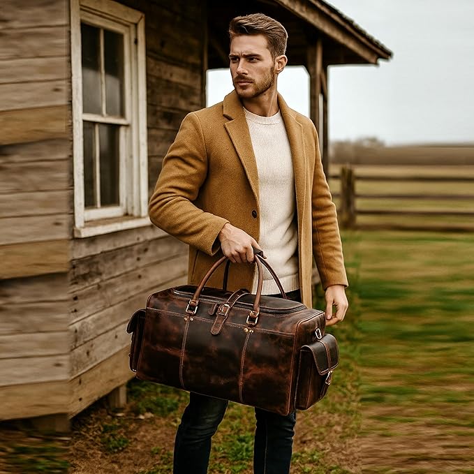 Large Italian Leather Duffle Travel Weekender Overnight Sports Duffel Bags For Men And Women- 22 Inch