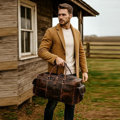 Large Italian Leather Duffle Travel Weekender Overnight Sports Duffel Bags For Men And Women- 22 Inch