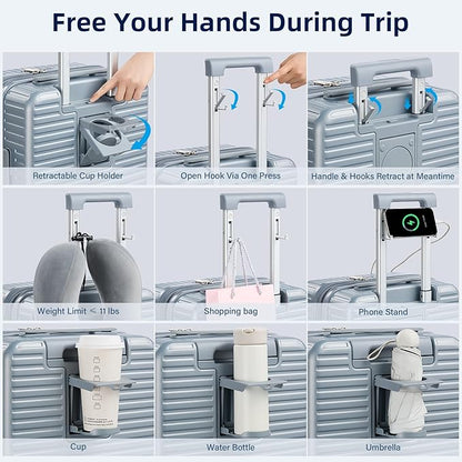 Large Checked Luggage 28 Inch Hard Shell Suitcases, Expandable Travel Luggage Lightweight Check In Luggage with Spinner Wheels Cup Holder Charger Built in, Silver