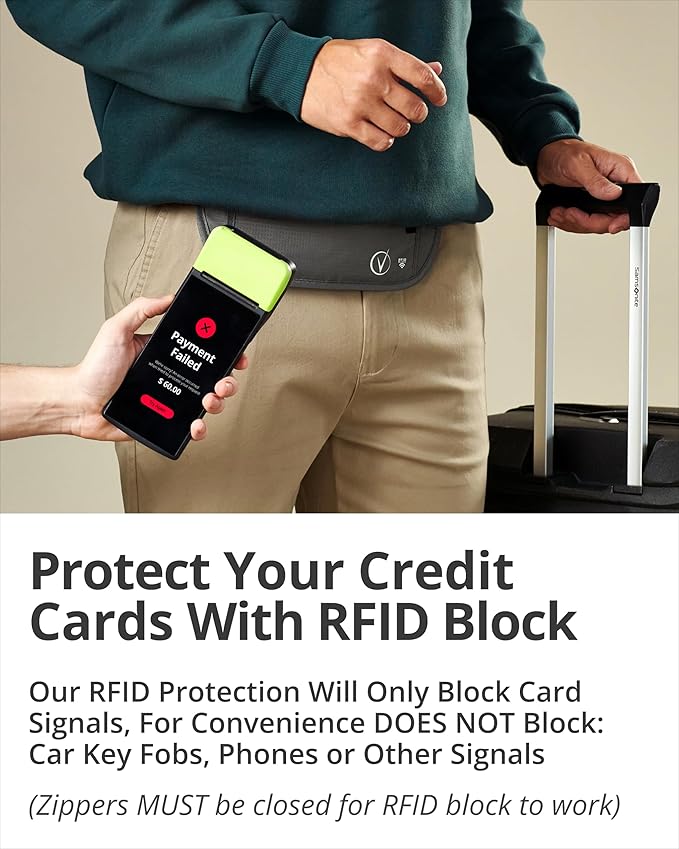 Vantamo Money Belt with RFID For Men & Women, Hidden Passport Holder for Travel, 2 Compartment Travel Fanny Pack for Women Anti Theft