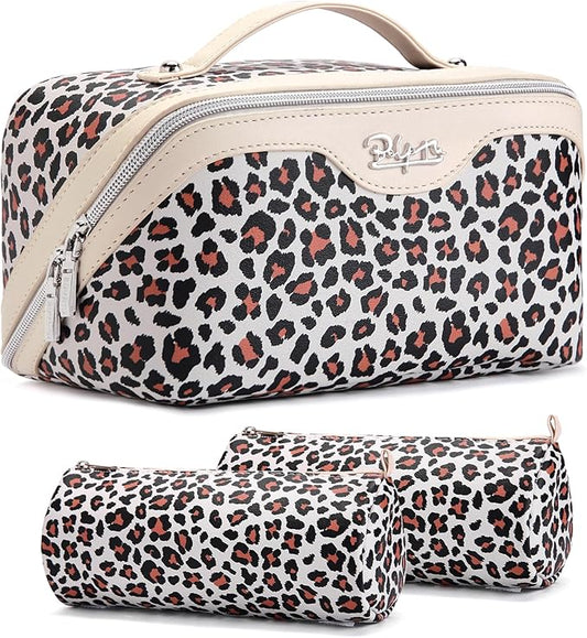 BOYATU Travel Makeup Bag for Women: 3 Pcs Set Portable Make up Bags with Handle - Leopard Print Cosmetic Bags with Comparments - Waterproof Vegan Leather Toiletry Bag (12-White)