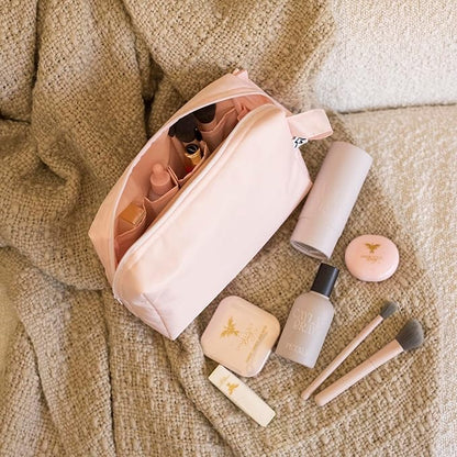 Tiny Twinkle Waterproof Travel Toiletry & Makeup Bag Organizer | Large Capacity Cosmetic Case with Compartments & Handle, A Thoughtful Travel Companion for Women (Rose)