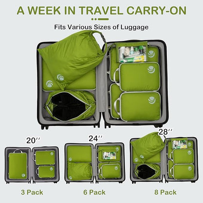 Cipway Compression Packing Cubes, Lightweight Travel Luggage Organizers with Shoe Bag, Toiletry Bag & Laundry Bag, Travel Essentials for Carry on Suitcase (8 Piece,Green)