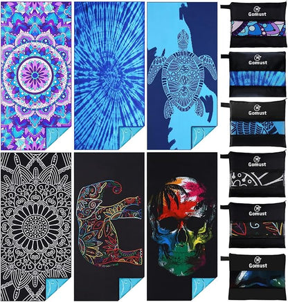 6 Pack Lightweight Thin Beach Towel Oversized 71"x32" Big Extra Large Microfiber Sand Free Towels for Adult Quick Dry Travel Camping Beach Accessories Gift Sea Turtle Tie Dye Mandala Elephant Skull