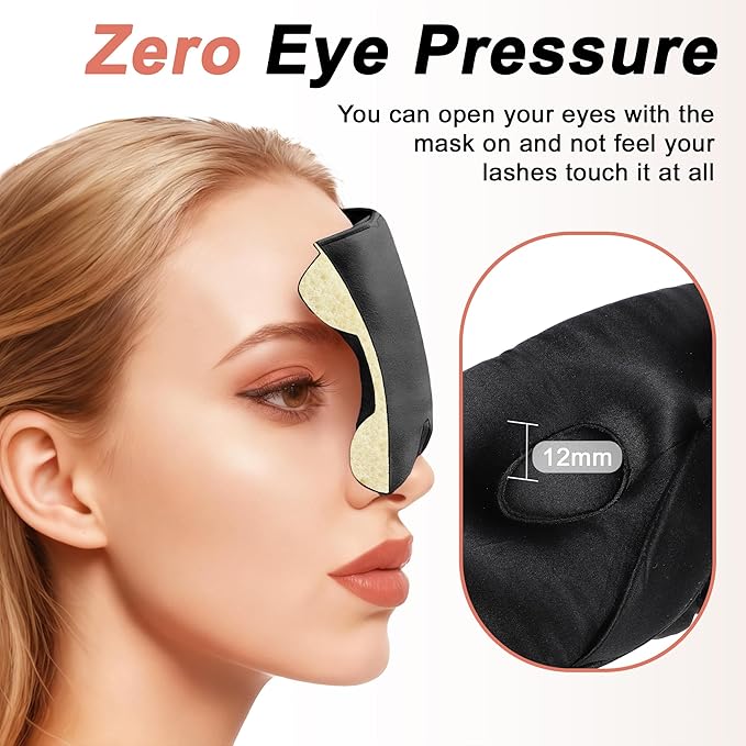 VOCOSTE 22 Momme Pure Silk Sleep Mask with Travel Pouch, 3D Contour Adjustable Blindfold for Side Sleepers, Eye Mask Locks Light for Sleeping, Black