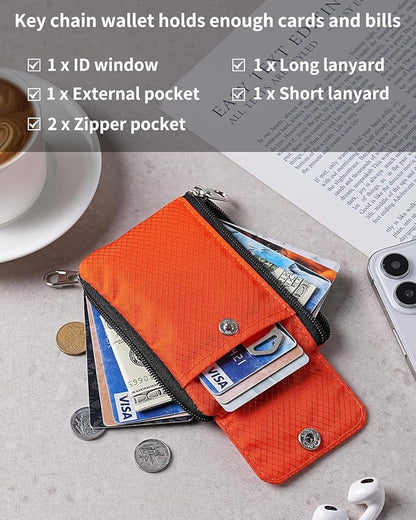 Minimalist Wallet For Mens Womens, Keychain RFID Blocking Zipper Small Wallet with ID Window 2 Lanyards,Water Resistant Travel Cash Card Coin Case Boys Girls