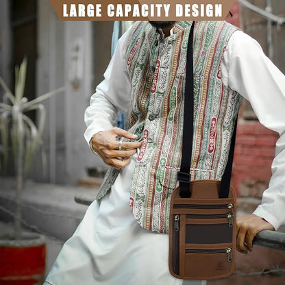 Ringsun Genuine Leather Passport Holder For Travel, RFID Blocking Slim Neck Wallet with Adjustable Strap for Women and Men, Travel Essentials to Keep Cash, Credit Cards and Documents Safe, Brown