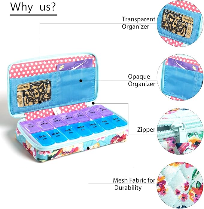 Weekly Pill Organizer 2 Times a Day, Zumd Pill Box 7 Day with Cute Quilted Fabric Zipper Case, Travel Pill Case Am Pm for Vitamin Medicine Organizer