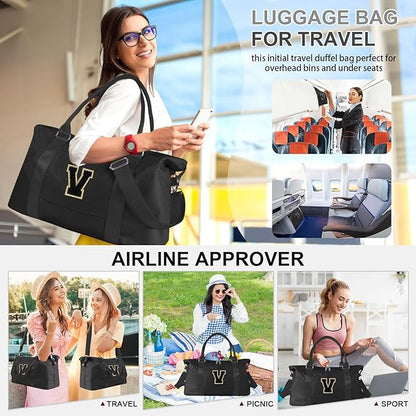 Dance Gym Duffel Bag for Teen Girls, Personalized Initial Travel Weekender Bag,Cute Overnight Carry On Duffle for Women,Sports Travel Cheer Bag,Monogram Christmas Gifts for Tween Preppy(black-V)