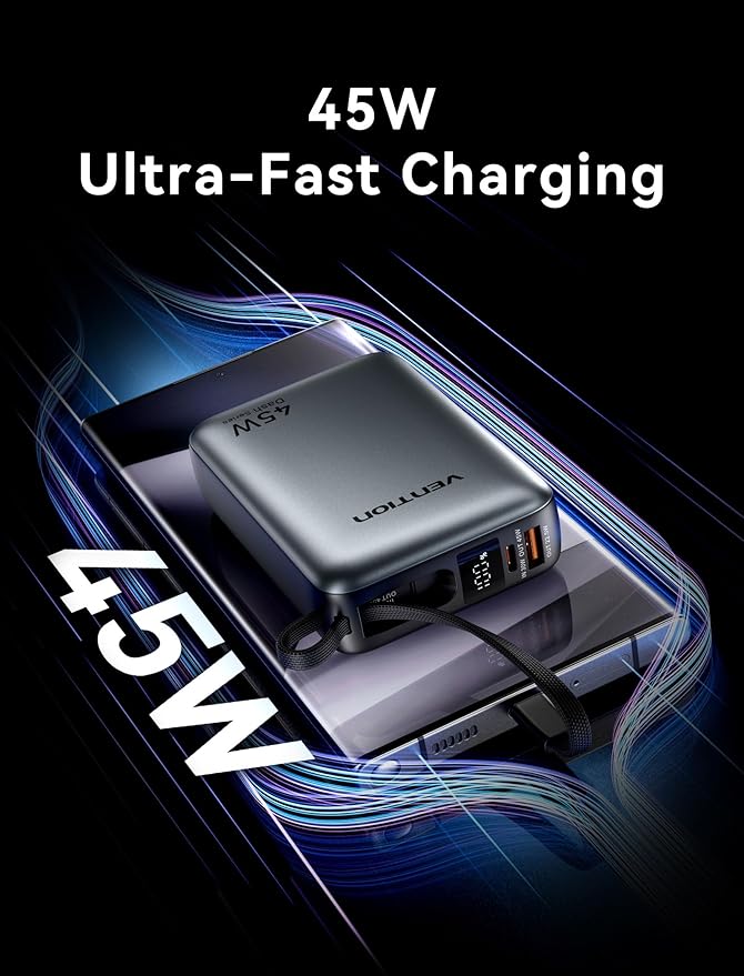 VENTION 45W Power Bank, CCC Certified 20000mAh with Built-in USB-C Cable, Fast Charging Travel Portable Charger with LED Digital Display for iPhone 17/16/15 Xiaomi Galaxy S26/S25 iPad Laptop(Beige)