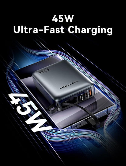 VENTION 45W Power Bank, CCC Certified 20000mAh with Built-in USB-C Cable, Fast Charging Travel Portable Charger with LED Digital Display for iPhone 17/16/15 Xiaomi Galaxy S26/S25 iPad Laptop(Beige)