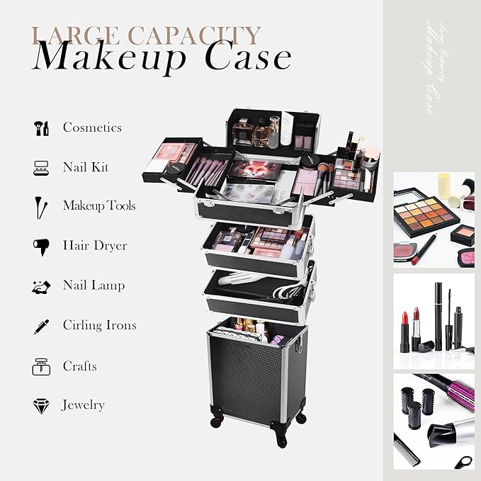 5 in 1 Professional Makeup Train Case Aluminum Cosmetic Case Rolling Makeup Case ExtraLarge Storage Organizer with Key Swivel Wheels Salon Barber Case for Make Up Nail Hairstylists, Black