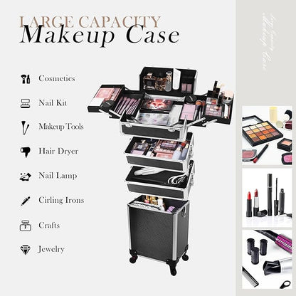 5 in 1 Professional Makeup Train Case Aluminum Cosmetic Case Rolling Makeup Case ExtraLarge Storage Organizer with Key Swivel Wheels Salon Barber Case for Make Up Nail Hairstylists, Black
