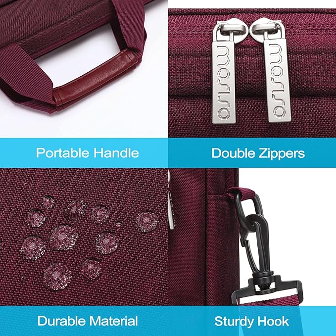 MOSISO Laptop Shoulder Bag 15.6 inch, 15-15.6 inch Computer Bag Compatible with MacBook Pro 16 inch, HP, Dell, Lenovo, Notebook with 2 Raised&1 Flapover&1 Horizontal Pocket&Handle&Belt, Wine Red