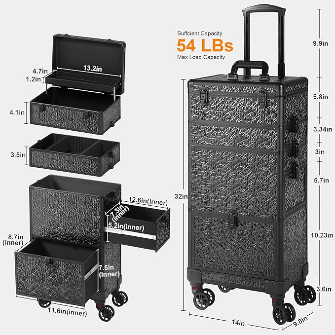 Rolling Makeup Case with Large Drawer, Makeup Train Case with Tray, Cosmetology Case on Wheels, Travel Makeup Case Organizers, Professional for Salon Barber, Nail, Tattoo, Black