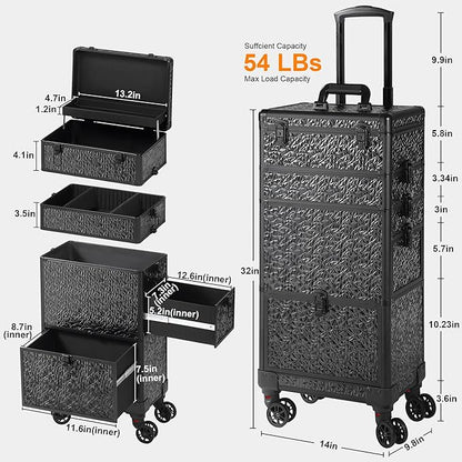 Rolling Makeup Case with Large Drawer, Makeup Train Case with Tray, Cosmetology Case on Wheels, Travel Makeup Case Organizers, Professional for Salon Barber, Nail, Tattoo, Black