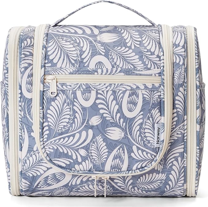 Narwey Hanging Toiletry Bag for Women Travel Makeup Bag Organizer Toiletries Bag Men for Cosmetics Essentials Accessories(Large, Blue Leaf)