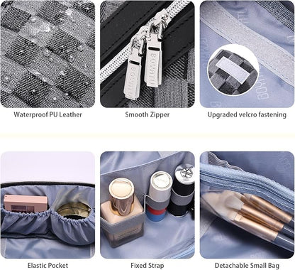 BOYATU Travel Makeup Bag for Women: Large Cosmetic Bag Set of 3 - PU Leather Make up Bag with Compartments - Compact Waterproof Toiletry Bag with Divider & Handle (D-2-Black)