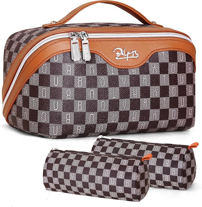 BOYATU Travel Makeup Bag Cosmetic Bags for Women: 3 Pcs Set Portable Make up Bag with Handle - Vegan Leather Toiletry Bags with Compartments - Makeup Organizer for Travel Essentials(C-2-Brown)