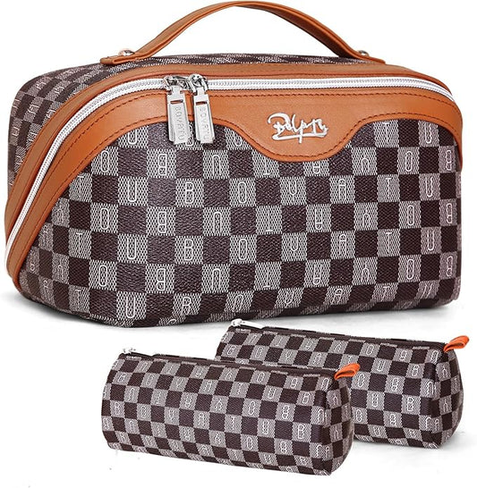 BOYATU Travel Makeup Bag Cosmetic Bags for Women: 3 Pcs Set Portable Make up Bag with Handle - Vegan Leather Toiletry Bags with Compartments - Makeup Organizer for Travel Essentials(C-2-Brown)