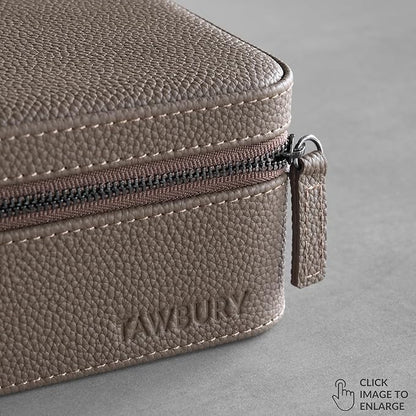 TAWBURY 2 Watch Travel Case - Genuine Top-Grain Leather Watch Box for Men & Women with Metal Zipper and Extra Wide Pillows for Large Watches (Taupe)