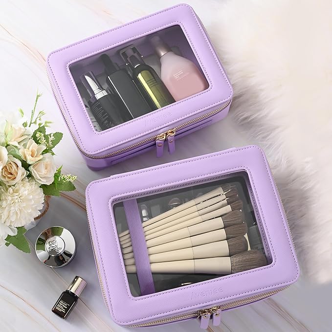Aveniee Clear Makeup Bags, Double Layer Cosmetic Bags with a Separate Brush Compartment, Large Travel Toiletry Bag Train Case for Women, Travel Accessories Organizer.2 Layers Large, Lilac