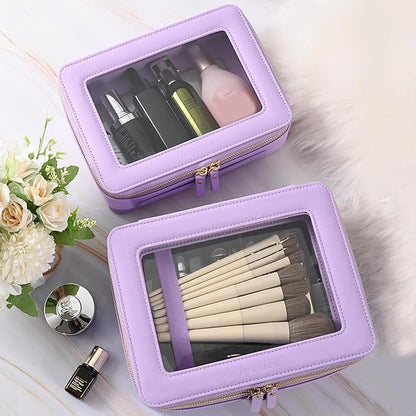 Aveniee Clear Makeup Bags, Double Layer Cosmetic Bags with a Separate Brush Compartment, Large Travel Toiletry Bag Train Case for Women, Travel Accessories Organizer.2 Layers Large, Lilac