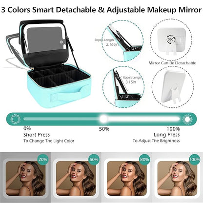 MOMIRA Travel Makeup Bag Cosmetic Bag Makeup Organizer Bag with Lighted Mirror, Adjustable Brightness in 3 Color Scenarios, Waterproof Makeup Train Case, Gift for Women - Aqua Blue