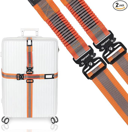 Vigorport Luggage Straps for Suitcases 2 Pack, Heavy Duty Metal Buckle Luggage Belt Strap, TSA Approved Suitcase Belt, Stretchable Travel Strap for Luggage (Orange, 72''L & 79''L)