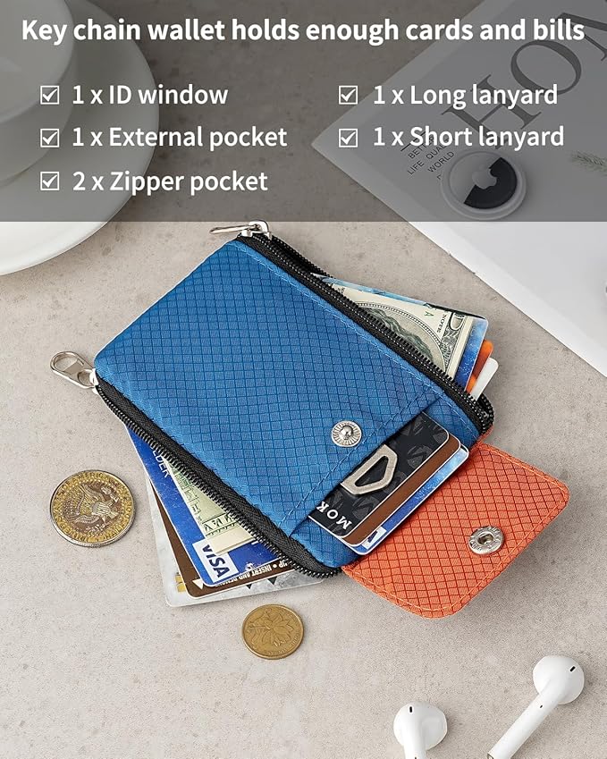 Minimalist Wallet For Mens Womens, Keychain RFID Blocking Zipper Small Wallet with ID Window 2 Lanyards,Water Resistant Travel Cash Card Coin Case Boys Girls