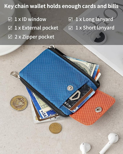 Minimalist Wallet For Mens Womens, Keychain RFID Blocking Zipper Small Wallet with ID Window 2 Lanyards,Water Resistant Travel Cash Card Coin Case Boys Girls