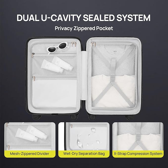 NINETYGO Carry on Luggage 22X14X9 Airline Approved with Front Pocket, 20 Inch Luggage with Front Compartment, Expandable, Double Spinner Wheels, Hardsided PC, TSA Lock (Black, Seine Max)