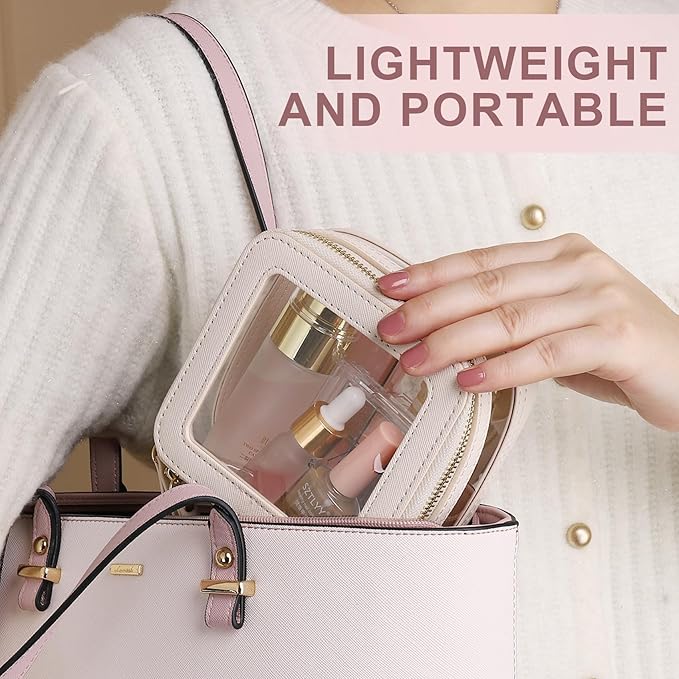 Pinkmik Clear Makeup Bag with Zipper Waterproof Travel Makeup Set for Cosmetics and Toiletries Women's Purse Organizer and Car Essentials (Beige, M+MINI-1)