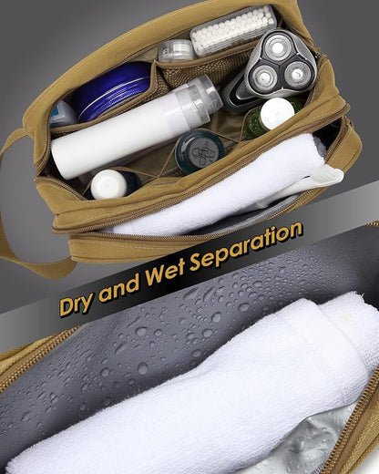 TACTICISM Toiletry Bag for Men - Dry Wet Separate Hygiene Bag Travel Toiletry Bag, Tactical Molle Dopp Kit for Men with Water-Resistant Shaving Bag for Adult Women for Travel, Brown