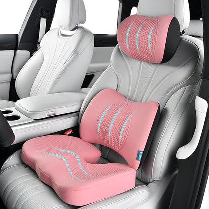 FLORICH 3 PCS Seat Cushion for Carseat Lumbar Support Pillow Car Neck Headrest Pillows Memory Foam Gel Memory Foam Massage Point Seat Pads Pressure Relief Back Cushion for Office Chair(Light Pink)