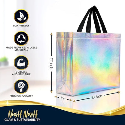 Nush Nush Set of 30 Large Iridescent Gift Bags in Bulk - Big Holographic Reusable Gift Bags With Black Handles - For Small Business, Gifting Events, Christmas, Birthdays - 13Wx5Dx11H Size