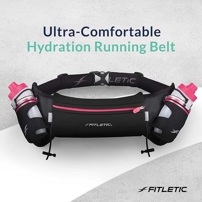 Fitletic Hydration Running Belt with Water Bottles for Men & Women – 2 Quick Flow 8oz Running Water Bottles, Patented Bounce Free Design, Water Resistant Pouch Fits All Phones – Hydra 16