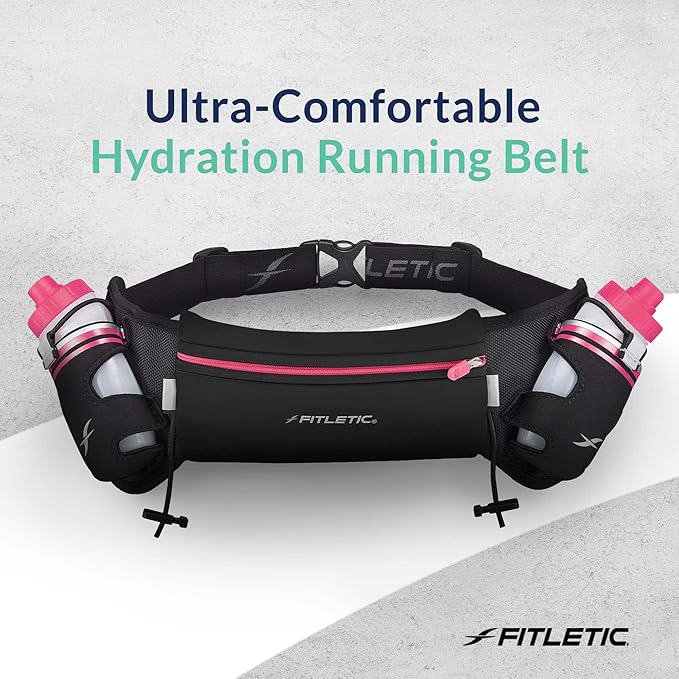 Fitletic Hydration Running Belt with Water Bottles for Men & Women – 2 Quick Flow 8oz Running Water Bottles, Patented Bounce Free Design, Water Resistant Pouch Fits All Phones – Hydra 16