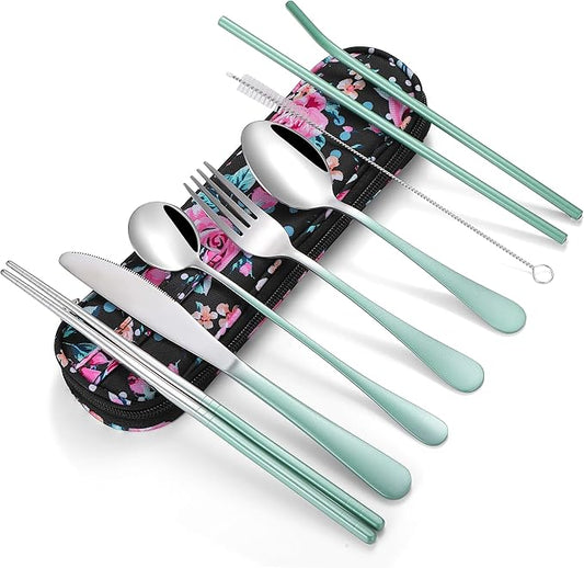 Travel Utensils,Reusable Silverware Set To Go Portable Cutlery Set with a Waterproof Carrying Case for Lunch Boxes Workplace Camping Picnic (GraGreen)