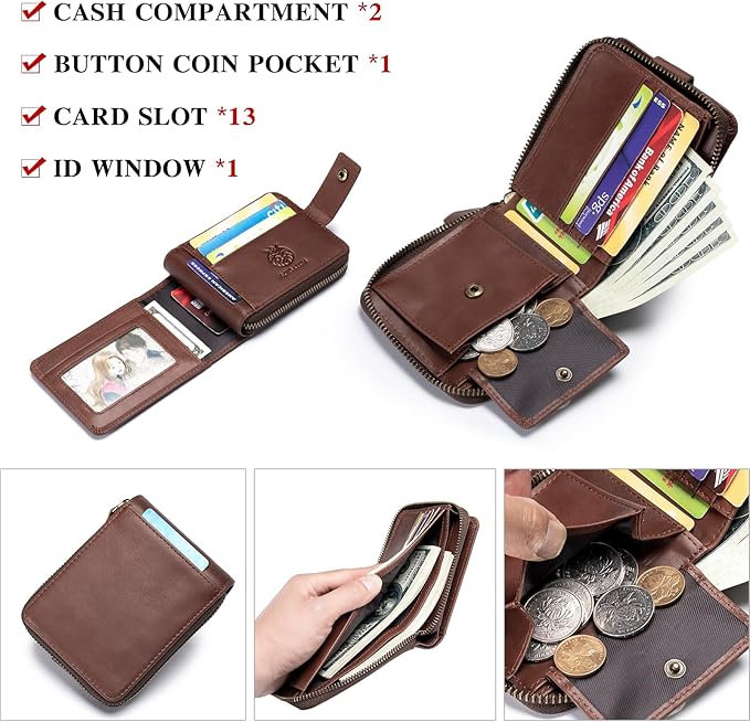 Genuine Leather Zipper Wallet for Men RFID Blocking Large Capacity Vintage Wallet with Coin Pocket ID Window, Coffee
