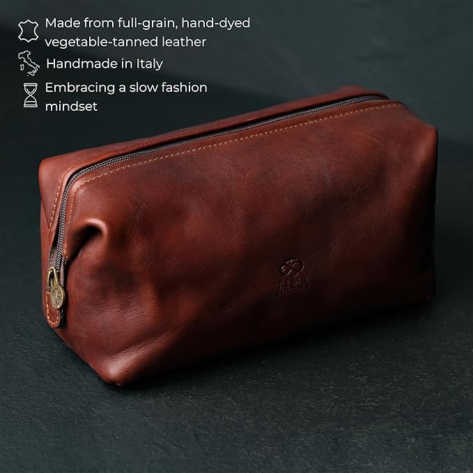 Time Resistance Leather Toiletry Bag Cosmetic Case Italian Classy Dopp Kit