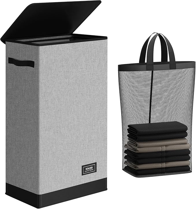 SOLEDI Slim Laundry Hamper with Lid, Narrow Laundry Basket with Removable Bags, Dirty Clothes Hamper with handle, Small Hamper perfect for Laundry room, Bathroom, Bedroom, Small spaces. 70L Grey