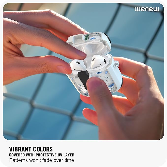 WENEW Case for AirPods 1 & 2 Case Cover Secure Lock Automatic Snap Switch Clip Cleaner Kit Lanyard Women Stylish Flower Armour Hard Shell Full Body (Blue, AirPods 1st & 2nd)