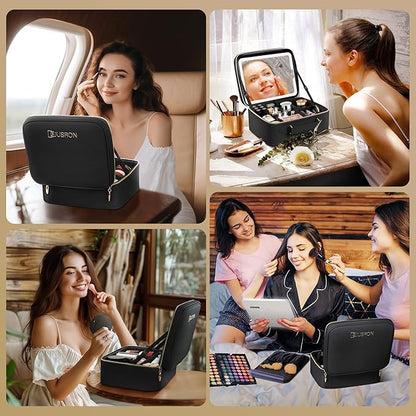 JUSRON Travel Makeup Bag With LED Mirror, Cosmetic Train Case with Light up Mirror, Portable Makeup Artist Organizer Bag with Adjustable Dividers, Makeup Brush Holder Storage (Black, Medium)