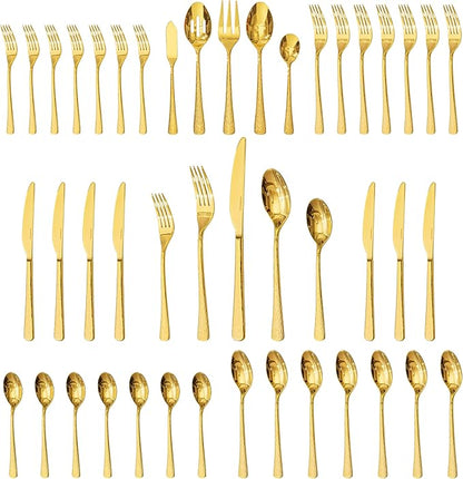 KINGSTONE Gold Hammered Silverware Set, Flatware Set with Serving Utensils, 18/10 Stainless Steel Premium Cutlery with Unique Ripple Handles Design Mirror Polished - Dishwasher Safe (45-Piece)