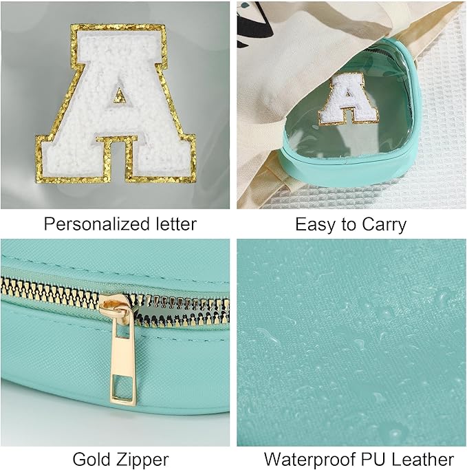 YOOLIFE Initial Make Up Bag Travel Toiletry Bag, Clear Makeup Bag Preppy Cosmetic Bags Organizer Travel Essentials Gifts for Women Teen Girlfriend Teacher Mom Birthday Gifts Small Makeup Bag Blue A