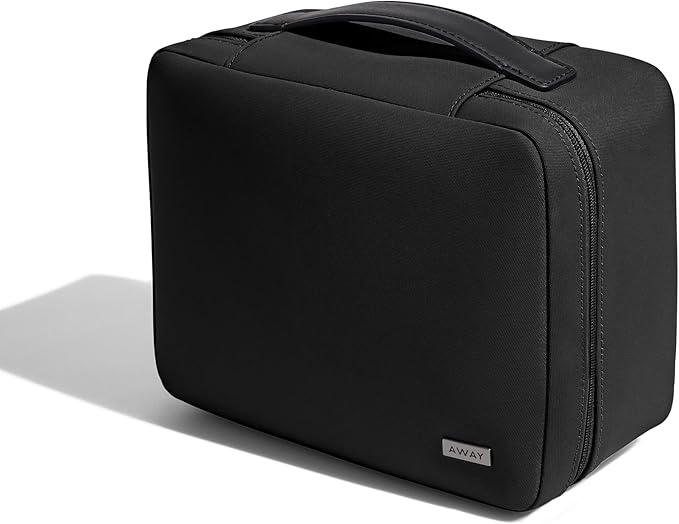 Away Cosmetics Bag, Makeup Bag with Detachable Brush Roll, Waterproof, Clear Zip Pockets, Travel Friendly, Jet Black