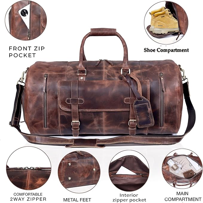 20 Inch Leather Duffel Bags for Men and Women Full Grain Leather Travel Overnight Weekend Bag Sports Gym Duffel for Men