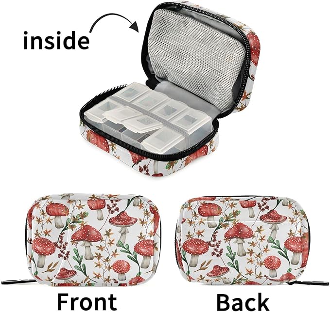 Fustylead Travel Pill Organizer Case Zipper for Purse with Removable Weekly Pill Box for Medicine, Vitamin, Supplement Medicine Organizer (Amanita Mushroom)